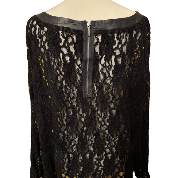 DKNY Jeans Black Lace Top With Faux Leather Trim & Back Zipper Closure 2X - Picture 2 of 5